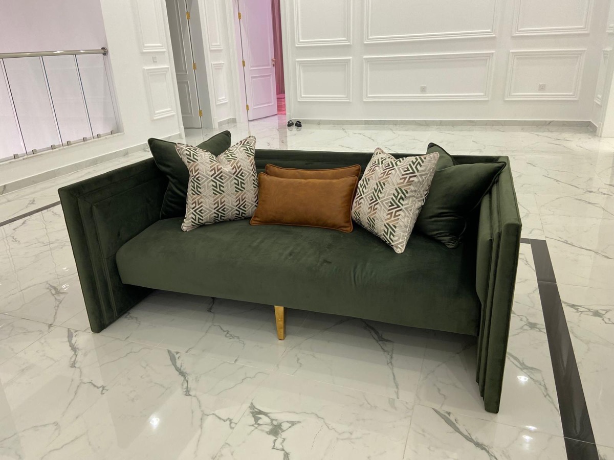 Before: The green sofa, from a quick site snapshot to a catalog shot with deliberate styling and light.